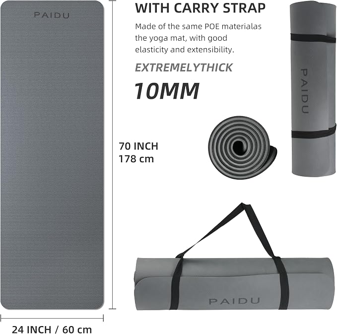 PAIDU Yoga Mat Non Slip Anti-tear,extra thick-2/5 inch（10MM）High Resiliency Professional POE Yoga Mats for Women Men Kids,72"x24"inch,Workout, Yoga, Pilates and Floor Exercise, with Carrier Strap