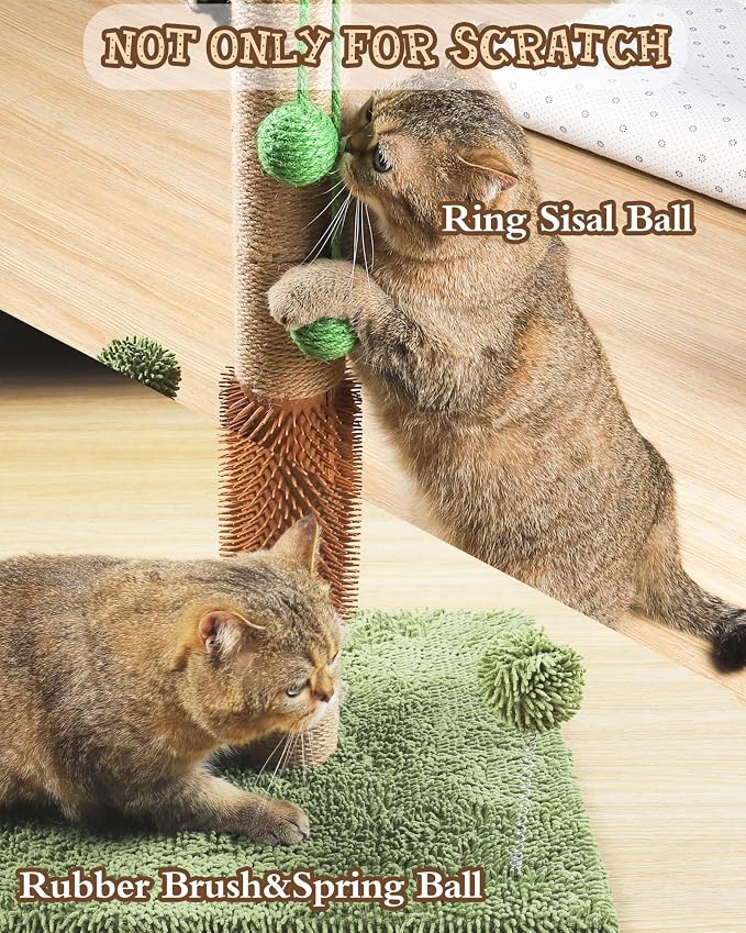 ANWA 35" Tall Simulated Cat Scratching Post with Self-Grooming Rubber Brush | Simulated Green Leaves, Natural Jute Cat Post, Scratch Post with Stable Base, Cat Furniture with Dangling Toys, Small Space