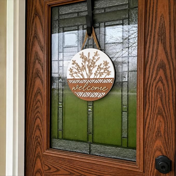 3D Wooden Welcome Sign for Front Door, Boho Rustic Round Door Hanger, Modern Farmhouse Wall Decor, Housewarming Gift for New Home, Porch & Fence Decoration for Spring, Summer, Fall and All Seasons