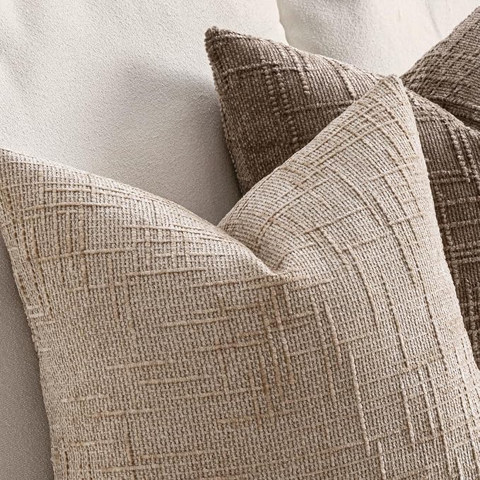 MIULEE Chenille Textured Throw Pillow Covers Oatmeal 20x20 Set of 2 | Slubby Decorative Pillows, Boho Farmhouse Home Decor, Modern Neutral Cushion Covers for Couch Sofa Bed Living Room