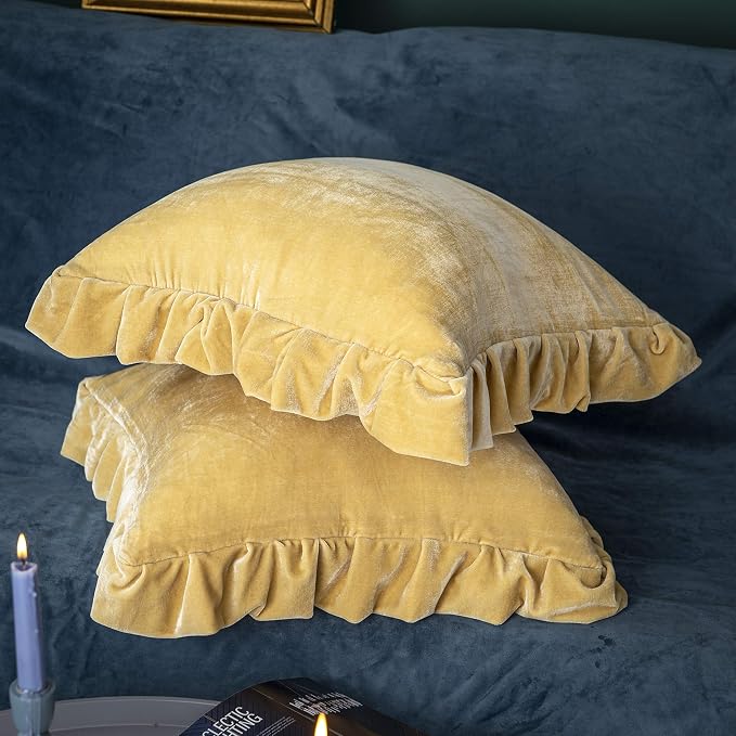 GLORY SEASON Velvet Throw Pillow Cover Soft Decorative Luxurious Solid Square Cushion Case for Sofa Couch Bedroom Farmhouse,Pack of 2, 18 x 18 Inches, Butter Yellow