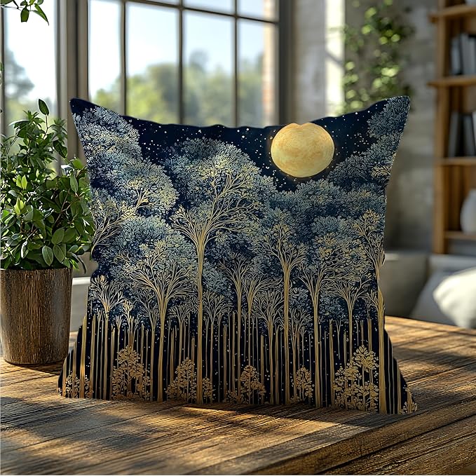 Rustic William Morris Night Forest Green Moon Decor Pillow Covers 18x18,Vintage Botanical Nature Landscape Decorative Throw Pillow Covers for Home Bedroom Living Room