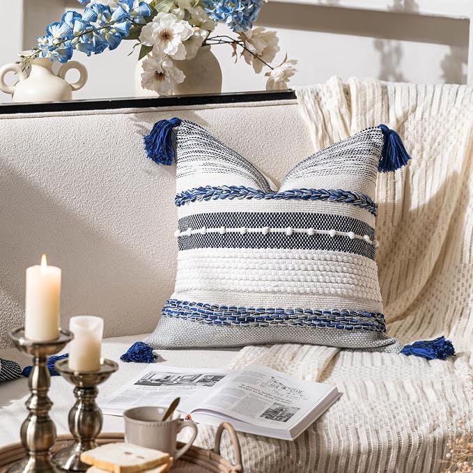 Navy Dark Blue Decorative Throw Pillow Cover 18x18 Square Boho Accent Pillowcase Tassels Farmhouse Cushion for Couch Sofa Bedroom Living Room Home Décor Cover ONLY