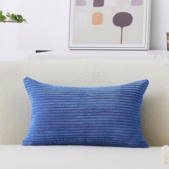 Home Brilliant Pillow Cover 12 x 20 Decorative Pillows Plush Velvet Corduroy Striped Pillow Cases Pillow Cover for Chair Office, 12 x 20 inch, 30 x 50 cm, Blue