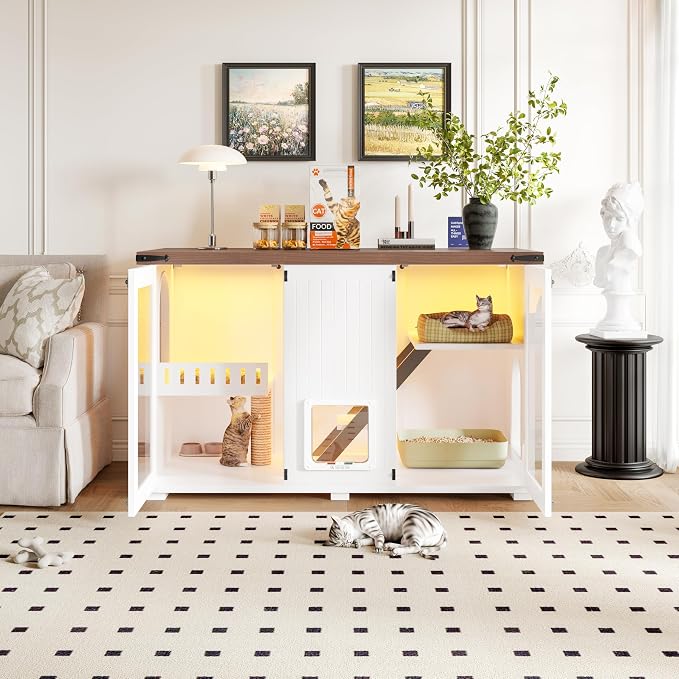 47.25" Large Cat Litter Box Enclosure with LED Light, Hidden Litter Box Furniture with Stairs and Scratching Post, Cat Cabinet Side Table with Smart Door Modes for Living Room, White
