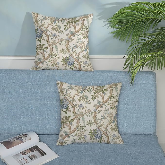 Blue Green Floral Bird Pillow Covers 20x20 Set of 2 Chinoiserie Throw Pillows Green Vintage Flowers Bird Decorative Pillow Cases Outdoor Chinoiserie Decor Farmhouse Cushion Case for Couch Sofa