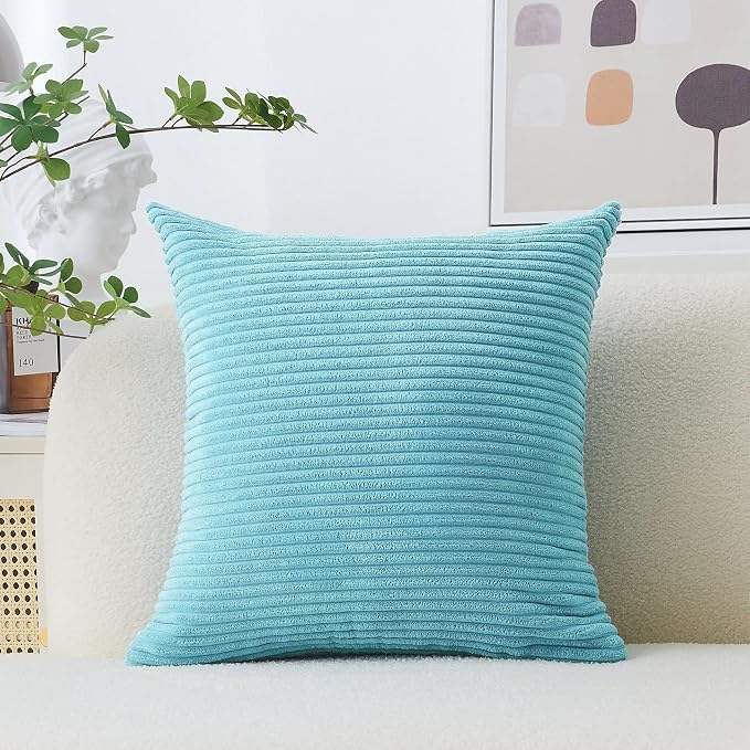 Home Brilliant Teal Pillow Cover 24x24 Large Striped Corduroy Plush Texture Velvet Euro Throw Pillow Sham Pillow Cover for Chair, 24 x 24 inch (60cm)