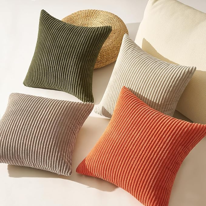Topfinel 20x20 Sofa Pillow Covers Rust and Olive Green Velvet Throw Pillow Covers Boho Farmhouse Cushion Cases Soft Corduroy Fall Home Decor for Couch Bed Sofa Living Room Pack of 4