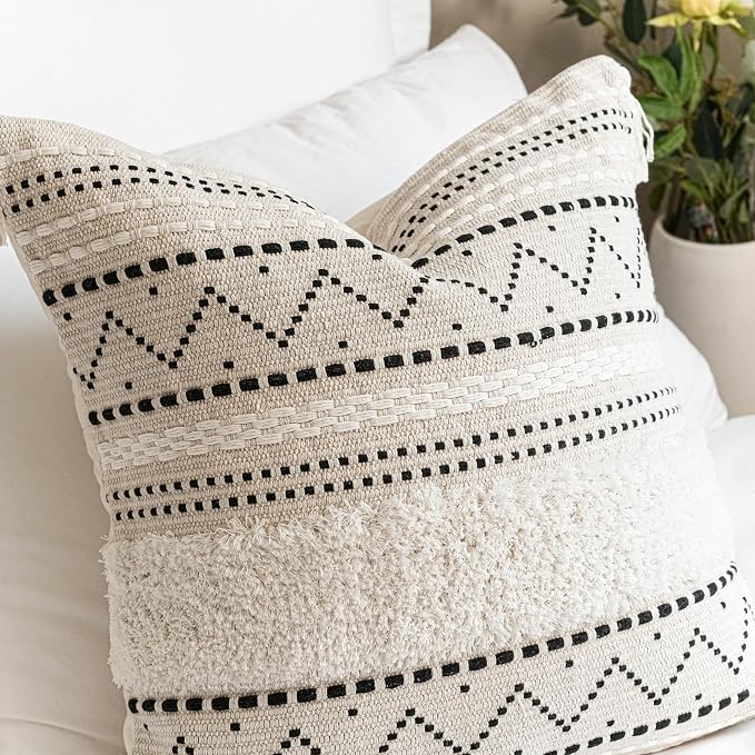 20X20 Throw Pillow Cover, Cream Neutral Square Decorative Cushion Cover with Black Pattern, Boho Accent Pillowcase with Tufted Details and Tassels for Couch Sofa Living Room (Cover Only)