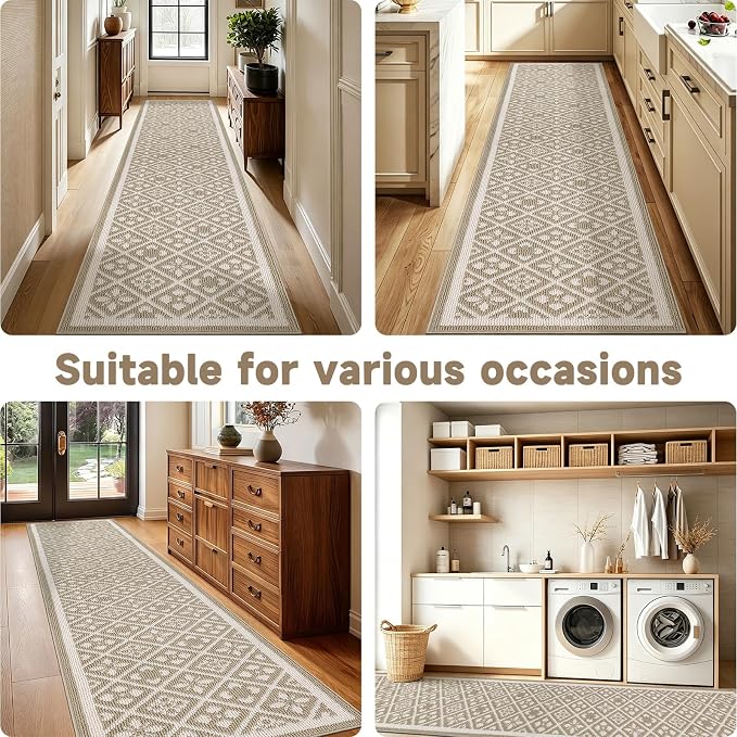 Ileading Hallway Runner Rug 2x10 ft,Washable Indoor Beige Entryway Carpet with Non Slip Rubber Backing,Low Pile Heavy Duty Kitchen Floor Mat for Entrance & High Traffic Areas
