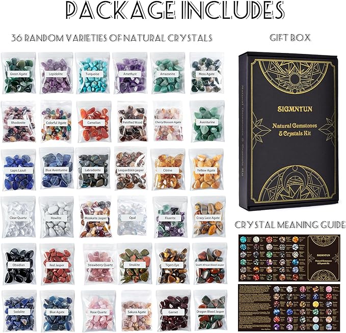 36 Varieties Healing Crystal Chips Stones Set – Christmas Gift 2.5 lbs, 0.3" Natural Polished & Tumbled Gemstones Collection and Small Decorative Rocks for Chakra, Meditation, Reiki, Crafts