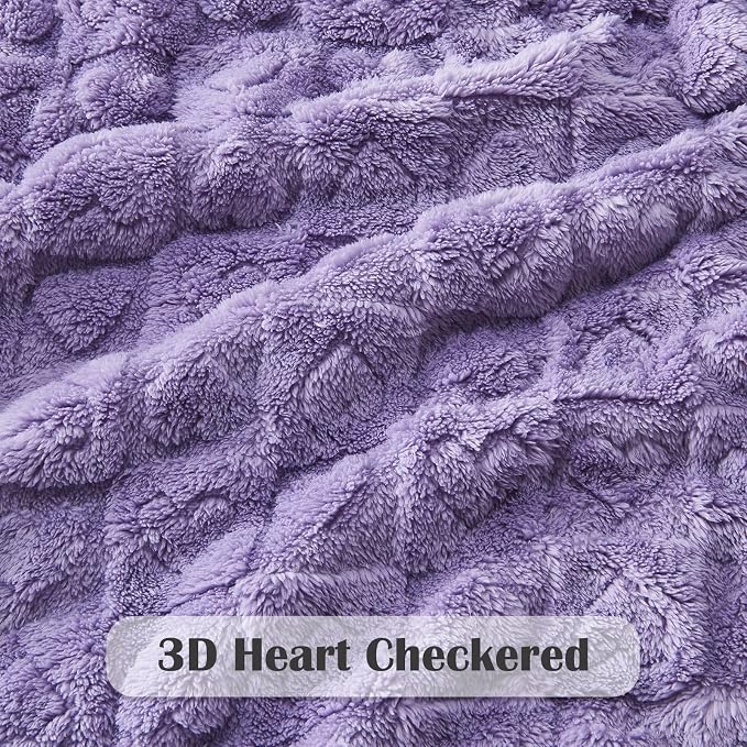 NEWCOSPLAY 3D Heart Checkered Flannel Queen Blanket, Lavender, 90"x90" | Super Soft Cute Lightweight Decorative Premium Silky Fleece Blanket for Couch Sofa Bed, Gift for Women Men, All Season Use