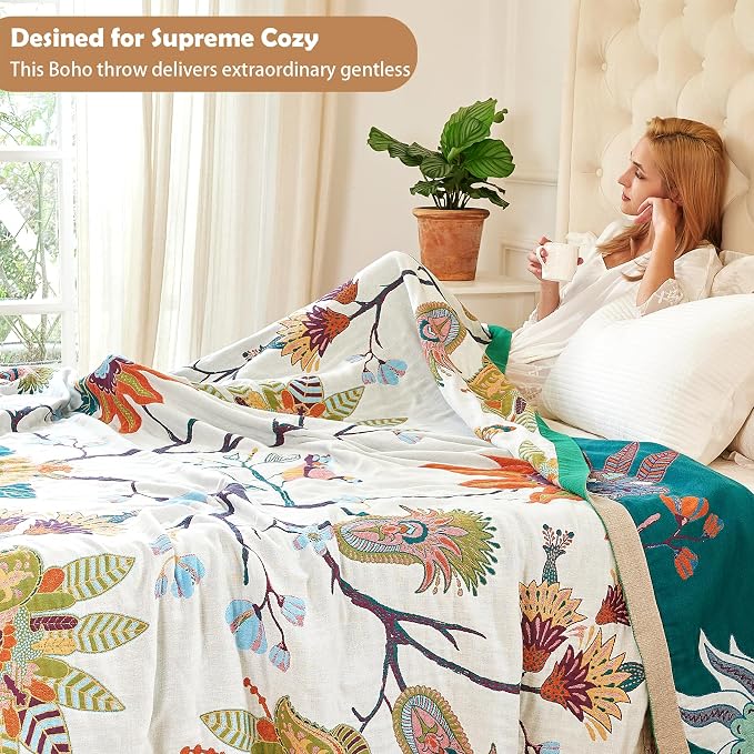 VANJOROY Boho Throw Blanket, 100% Organic Cotton Breathable Skin-Friendly Ultra Soft Bed Quilt Throw - All Season Floral Bird Farmhouse Décor Luxury Blanket for Sofa Couch Chair and Gift. 91" x 98"