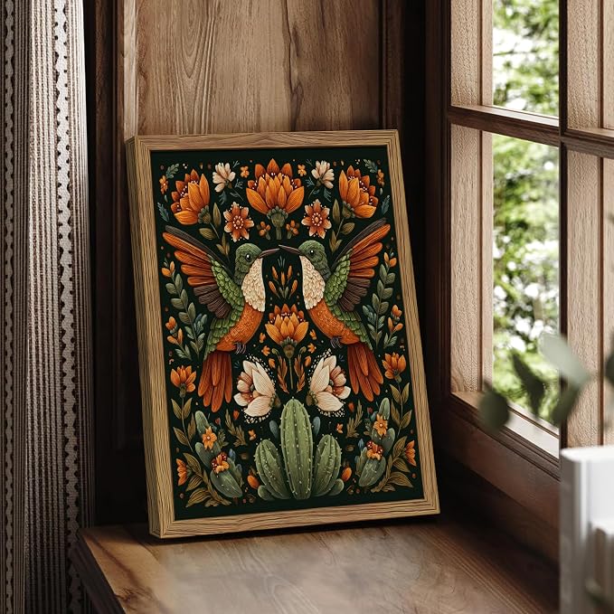 Framed Mexican Hummingbird Wall Art, Vintage Birds Animal Canvas Wall Decor Painting, Colorful Floral Cactus Botanical Poster Print Picture for Living Room Bedroom Bathroom 16x24 Inch