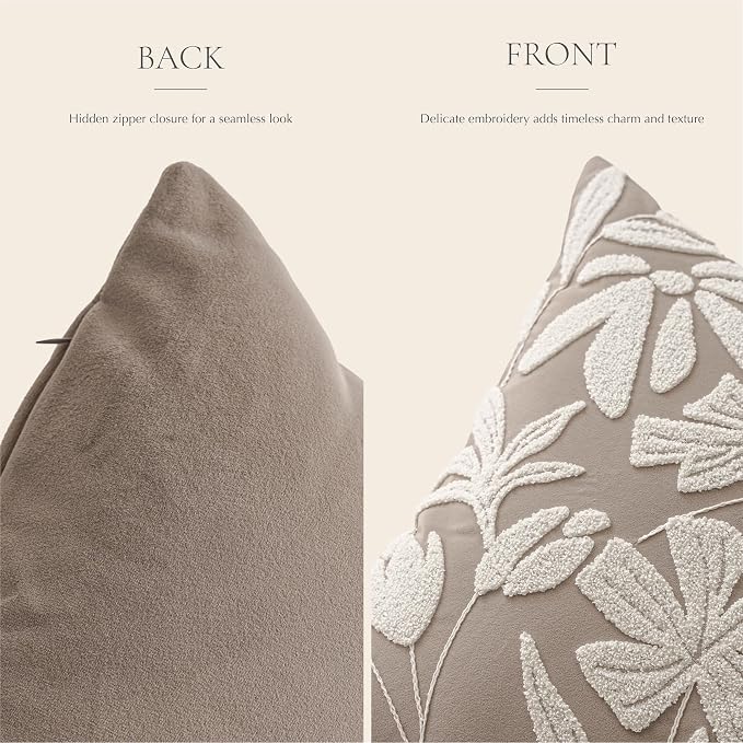 Long Lumbar Pillow Cover 14x36 for Bed, Light Taupe Floral Tufted Velvet Accent Oversize Throw Pillowcase for Bedroom, Cover Only