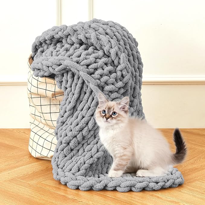 Chunky Knit Blanket Throw for Couch, 51"x63" Chunky Yarn Knitted Blankets | 100% Hand Knit Thick Chenille, Soft Breathable for Bed, Sofa, Home Decor, Cozy Gifts for Women Friends, Dark Gray