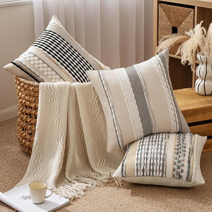 ANRODUO Boho Decorative Pillow Covers Gray Blue Stripe 26x26 Inch Pack of 2 | Euro Throw Pillow Covers, Farmhouse Cushion Case, Chenille Pillow Cases, Pillow Covers, Neutral Pillowcase for Sofa Couch Bed