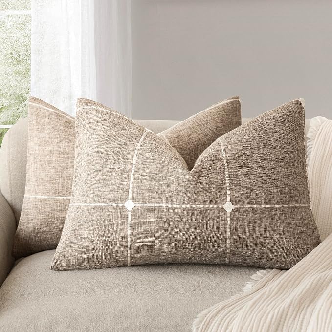 Foindtower Pack of 2 Decorative Faux Linen Jacquard Check Throw Pillow Covers Farmhouse Lumbar Cushion Cover with Grid Textured Accent Pillowcase for Couch Living Room Home Decor,12×20 Inch,Oatmeal