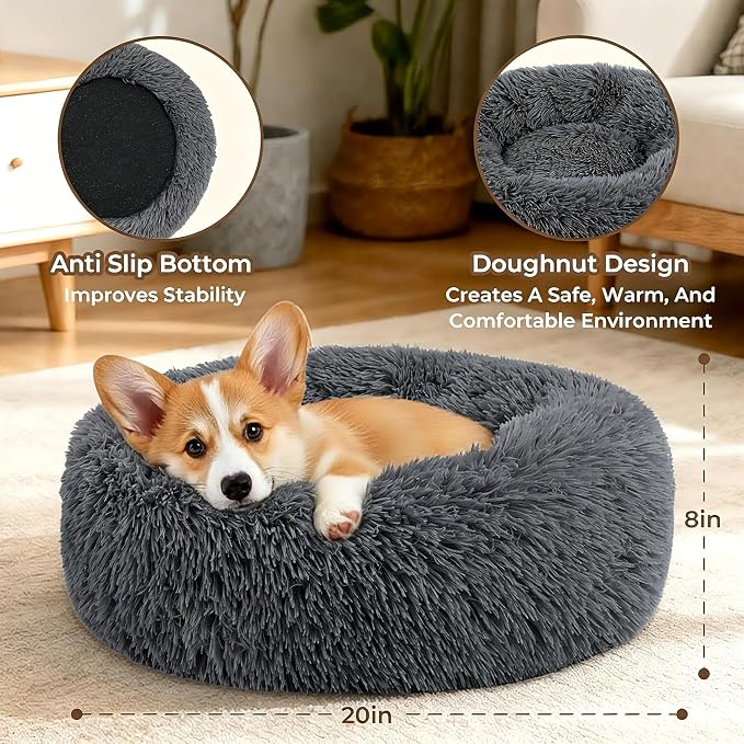 Calming Donut Dog and Cat Bed for Indoor Cats, Anti-Anxiety Round Fluffy Soft Washable Small Pet Bed for Puppy and Kitten, Warming Comfortable Luxury Anti-Slip Waterproof Mute Base 20in Dark Gray