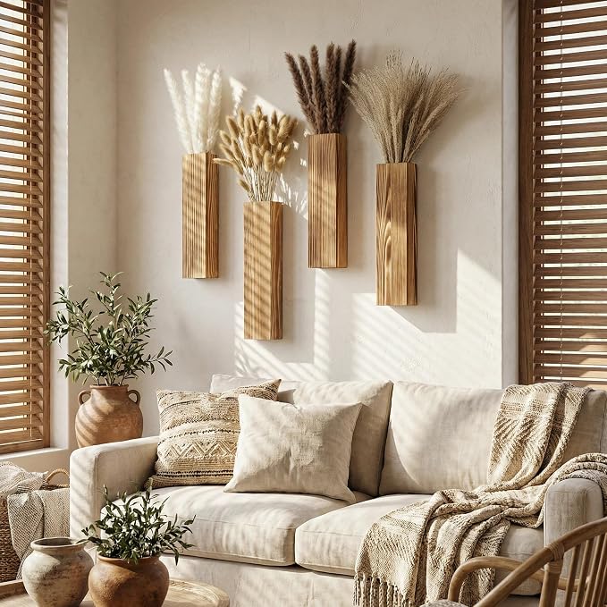 Sawoake 4-Piece Wooden Hanging Wall Vase Set with Pampas Grass and Eucalyptus Dried Flowers, Modern Farmhouse Home Decor for Living Room Entryway Bathroom Hallway Dining Room（Brown）