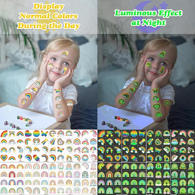 96 PCS Rainbow Pastel Rainbow Pre-Cut Luminous Glow in the dark Temporary Tattoos for Kids | Super Cute Themed Birthday Party Favors Supplies Decorations, Fake Tattoo Stickers Gifts for Boys Girls