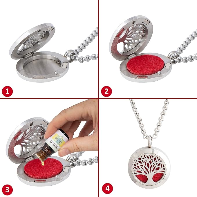Wild Essentials Tree of Life, Flower of Life and Cross Essential Oil Diffuser Necklace Stainless Steel Locket Pendants with 24 inch Chains and 36 Refill Pads
