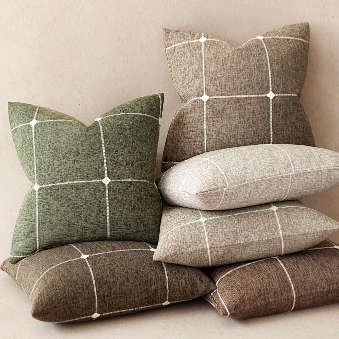 Foindtower Pack of 2 Decorative Faux Linen Jacquard Check Throw Pillow Covers Farmhouse Lumbar Cushion Cover with Grid Textured Pillowcase for Couch Sofa Living Room Home Decor,12×20 Inch,Olive Green