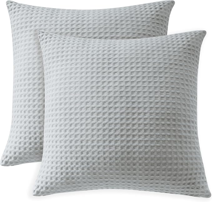 100% Egyptian Cotton 600 TC Waffle Weave Throw Pillow Covers 2 Pack | Ultra Soft Breathable Euro Pillow Shams Covers, Decorative Cushion Covers for Bed Couch Sofa Car, Gray, 22" x 22"