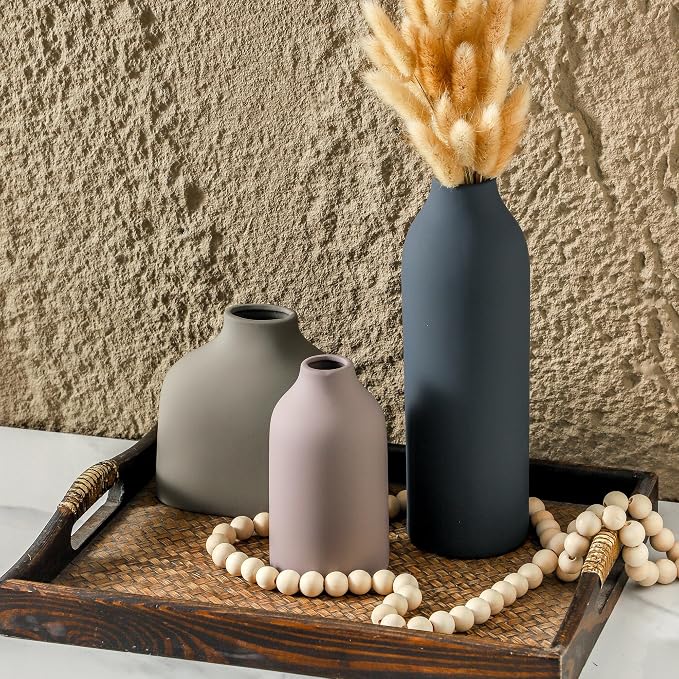 Enra Ceramic Vase Set of 3, Modern Decorative Vases for Home Decor | Three sizes with matte finishes, perfect for pampas grass, dried stems, shelves, mantels and neutral room styling.