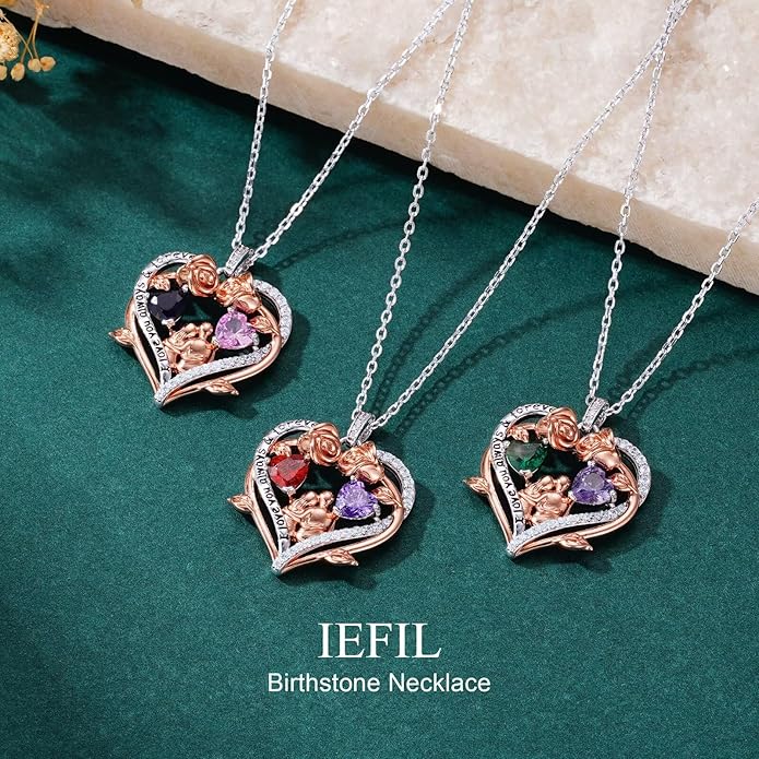 Iefil Valentines Gifts for Her Wife - 925 Sterling Silver Double Heart Birthstone Necklace, Anniversary Birthday Gifts for Women Wife Girlfriend