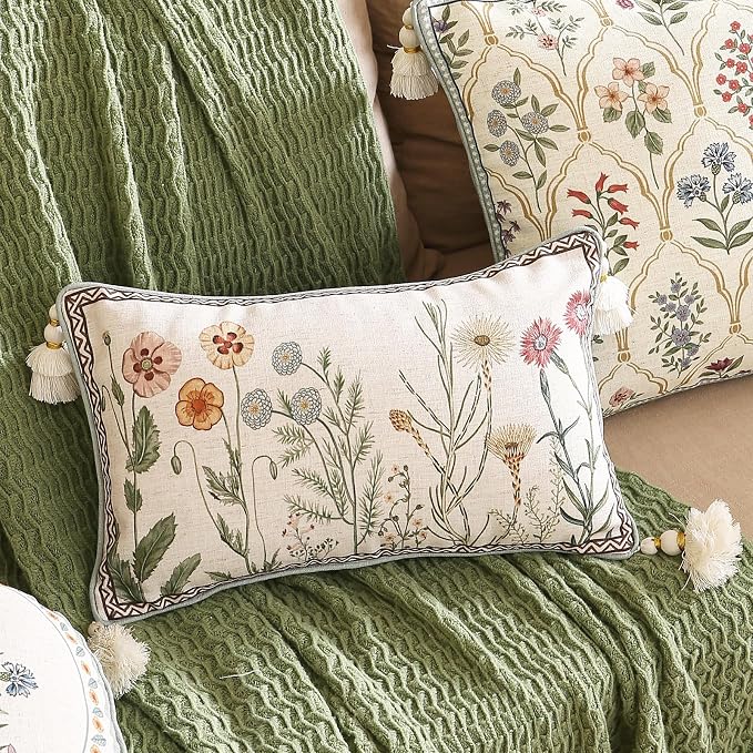 Designer Vintage Linen Throw Pillow Cover,20"x12"-Serenity D | French Elegant Rectangle Decor Pillow Cover,Concealed Zipper Design,Light Beige,Sofa,Bedroom,Living Room,Chairs