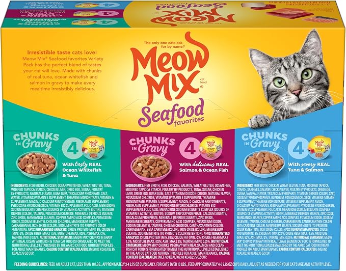 Meow Mix Seafood Favorites Chunks in Gravy Wet Cat Food Variety Pack, 2.75 Ounce (Pack of 48)