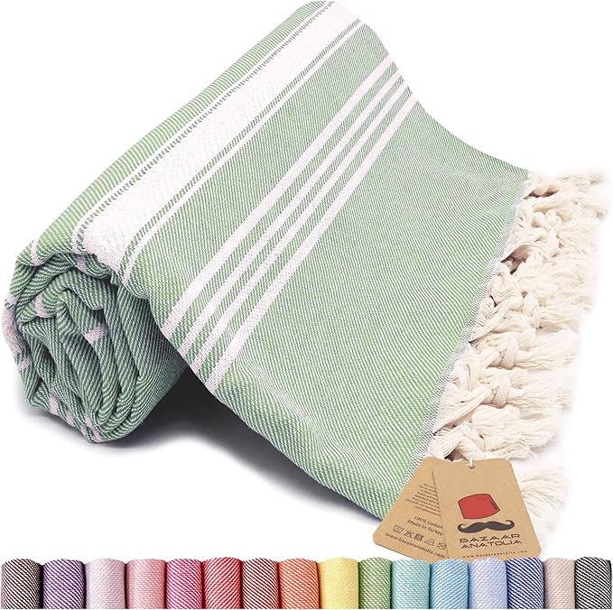 Bazaar Anatolia Turkish Beach Towel – 100% Cotton, Quick Dry, Sand Free Towel for Bathroom, Camping, Travel, Hot Pink – Oversized 71x39 Inches – Stripe Green