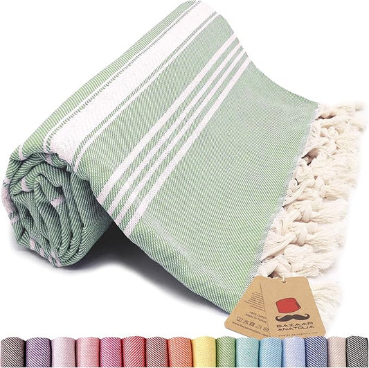 Bazaar Anatolia Turkish Beach Towel – 100% Cotton, Quick Dry, Sand Free Towel for Bathroom, Camping, Travel, Hot Pink – Oversized 71x39 Inches – Stripe Green