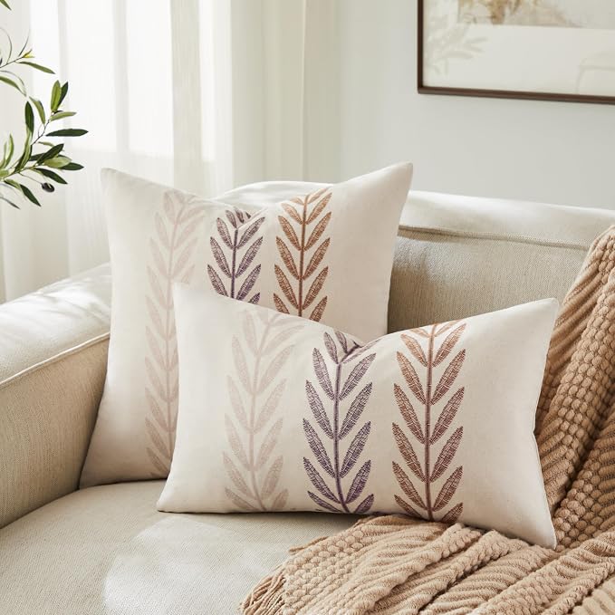Farmhouse Leaves Throw Pillow Covers Set of 2, 24x24in Mixed Brown | 100% Organic Cotton, Rustic Accent Print Pillow Case, Pastoral Decorative Cushion Covers for Sofa Bed Living Room Home Decor