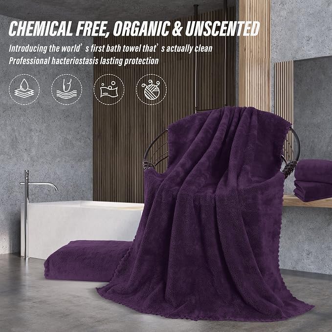MOONQUEEN 2 Pack Premium Bath Towel Set - Quick Drying - Microfiber Coral Velvet Highly Absorbent Towels - Multipurpose Use as Bath Fitness, Bathroom, Shower, Sports, Yoga Towel (Grape Purple)