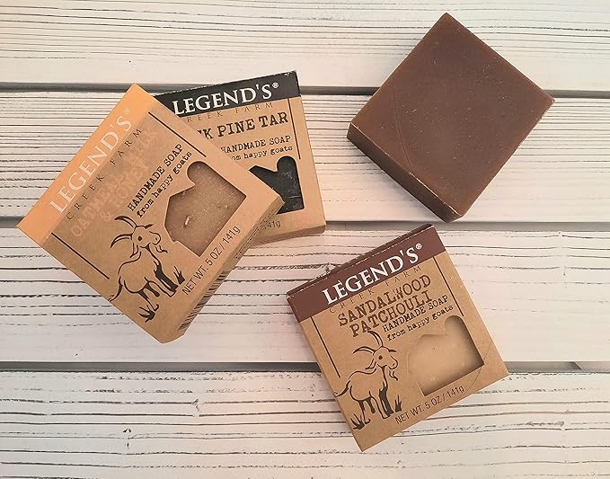 Legend's Creek Farm Goat Milk Soap - Cleansing Moisturizing Bar for Hands and Body - 5 Oz Natural Soap for Sensitive Skin (4-Pack: Patchouli, Oatmeal Milk & Honey, Black Pine Tar, Nag Champa)