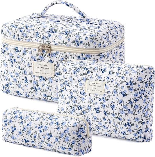 HBselect Quilted Makeup Bag, 3PCS Cotton Large Travel Makeup Bag, Cute Floral Coquette Make up Bag Cosmetic Bag Toiletry Bag for Women Girls