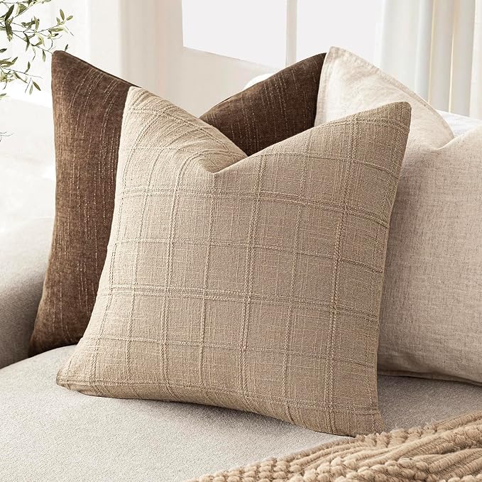 Foindtower Set of 2 Decorative Linen Check Throw Pillow Covers Neutral Farmhouse Vintage Cushion Covers Modern Coastal Boho Home Decor for Sofa Chair Couch Bedroom Living Room,20×20 Inch,Camel