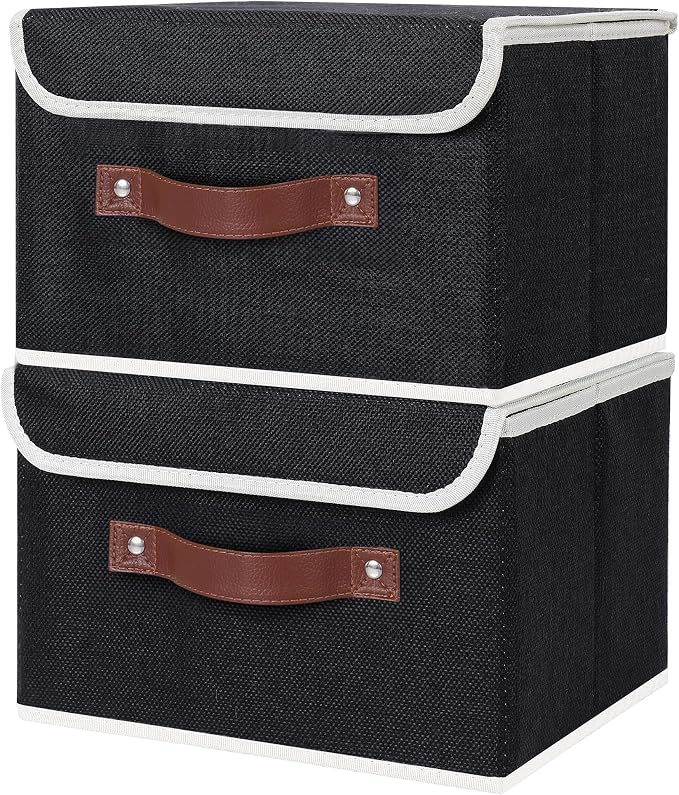 ANMINY Fabric Storage Box Bins with Lids, Black, 10"x8"x7", 2 Pack | Keepsake Memory Storage, Cotton Linen, PP Board Reinforced, Washable, PU Handles, Foldable & Stackable, Decorative, Small