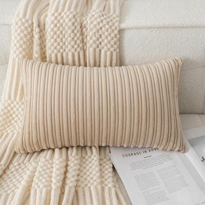 UGASA 14x24 Inch Pillow Cover Pack of 1 Soft Boho Stripe Corduroy Long Rectangular Lumbar Cushion Cover Farmhouse Decorative Throw Pillowcase for Bed, Couch, Sofa, Bedroom, Living Room, Beige