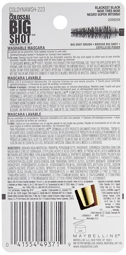 Maybelline New York Volum' Express The Colossal Big Shot Washable Mascara, Blackest Black, 0.33 fl. oz.