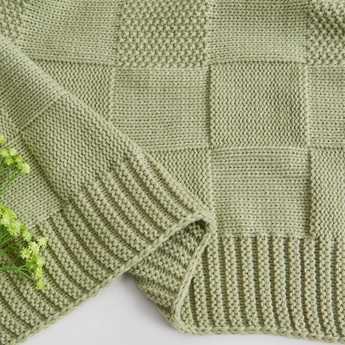 CozeCube Sage Green Knitted Checkered Throw Blanket 50"X60" | Check Knit Throw for Couch, Decorative Christmas Soft Cozy Warm Blanket for Bed Sofa Living Room