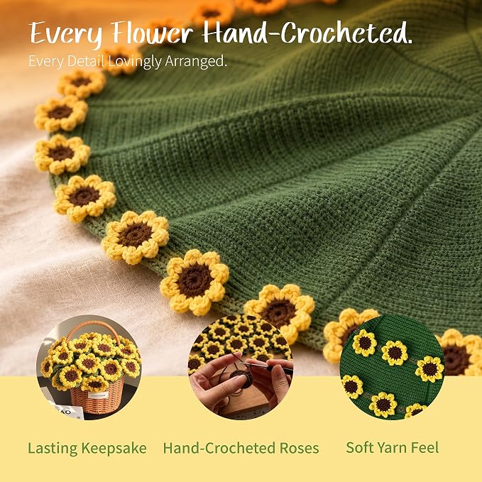 Sunflower Crochet Flower Bouquet Blanket, 43 Inch Gift Throw, 36 Sunflowers | Gift bag, writable card, machine washable, hand-crocheted sunflowers, ready for sunshine gifts and special moments.