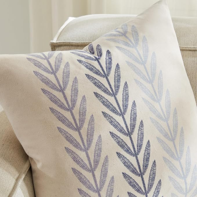 Farmhouse Leaves Throw Pillow Covers Set of 2, 20x20in Mixed Blue | 100% Organic Cotton, Rustic Accent Print Pillow Case, Pastoral Decorative Cushion Covers for Sofa Bed Living Room Home Decor