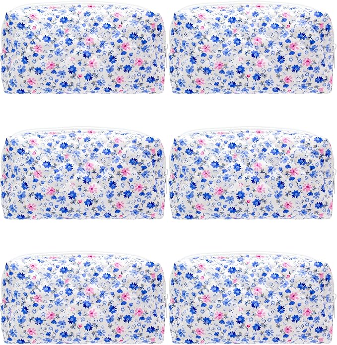 PAZIMIIK Small Quilted Makeup Bag,Zipper Cosmetic Pouch,Floral Blue,6 Pack | Lightweight Cosmetic Bag Organizer for Women,Purse Storage Holds Makeup,Toiletries,Skincare,Beauty Essentials,Travel Items
