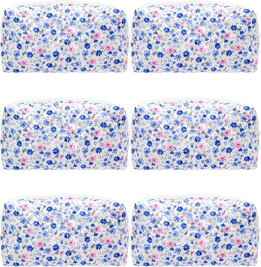 PAZIMIIK Small Quilted Makeup Bag,Zipper Cosmetic Pouch,Floral Blue,6 Pack | Lightweight Cosmetic Bag Organizer for Women,Purse Storage Holds Makeup,Toiletries,Skincare,Beauty Essentials,Travel Items