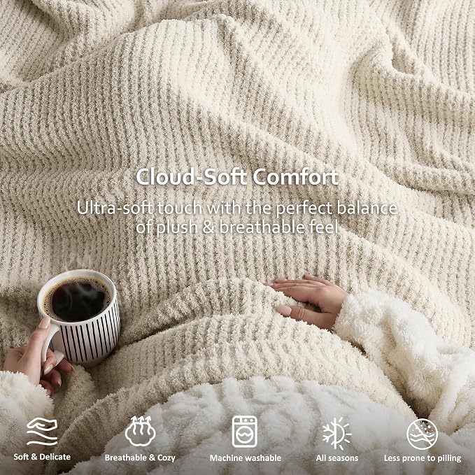 WDCOZY Ivory Waffle Throw Blanket for Couch Bed, Reversible Super Soft Plush Knitted Blanket, Lightweight Cozy Fuzzy Fluffy Warm Throw for Sofa Chair, Textured Blanket for Home Decor, Cream 60"x80"