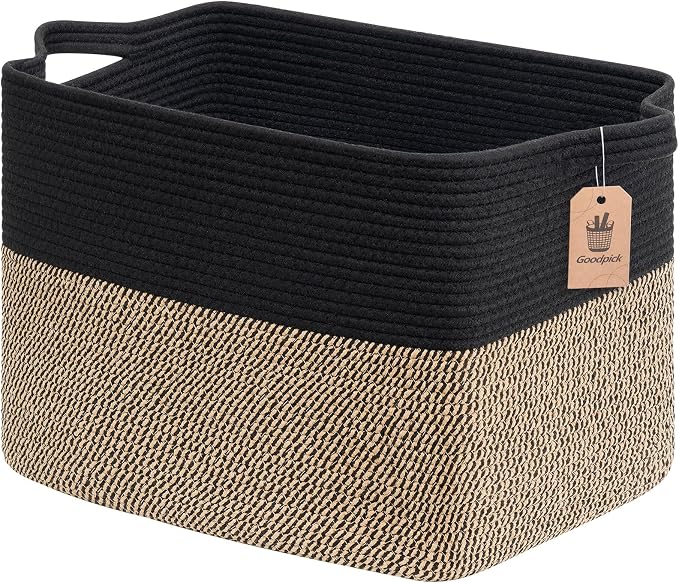 Goodpick 50L Large Woven Storage Basket, 18" x 14" x 12", Black Jute | Decorative Gift Basket for Nursery & Bedroom Organization, Wicker Baskets for Blankets, Pillows & Toys Storage, Rectangle