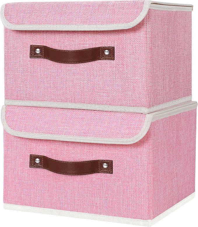 ANMINY Fabric Storage Box Bins with Lids, Pink, 10"x8"x7", 2 Pack | Keepsake Memory Storage, Cotton Linen, PP Board Reinforced, Washable, PU Handles, Foldable & Stackable, Decorative, Small